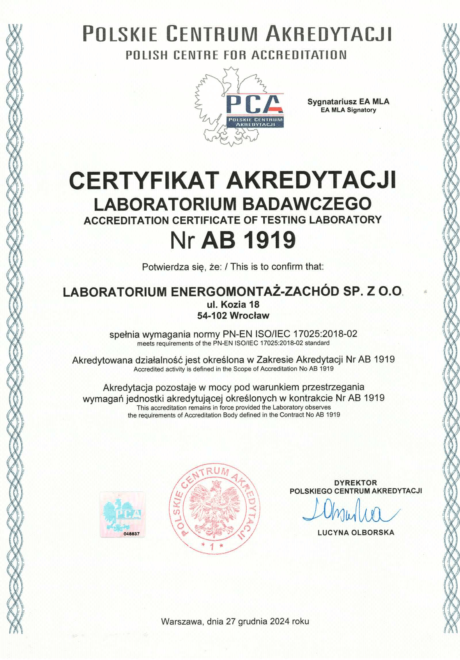 Certyfikat PCA